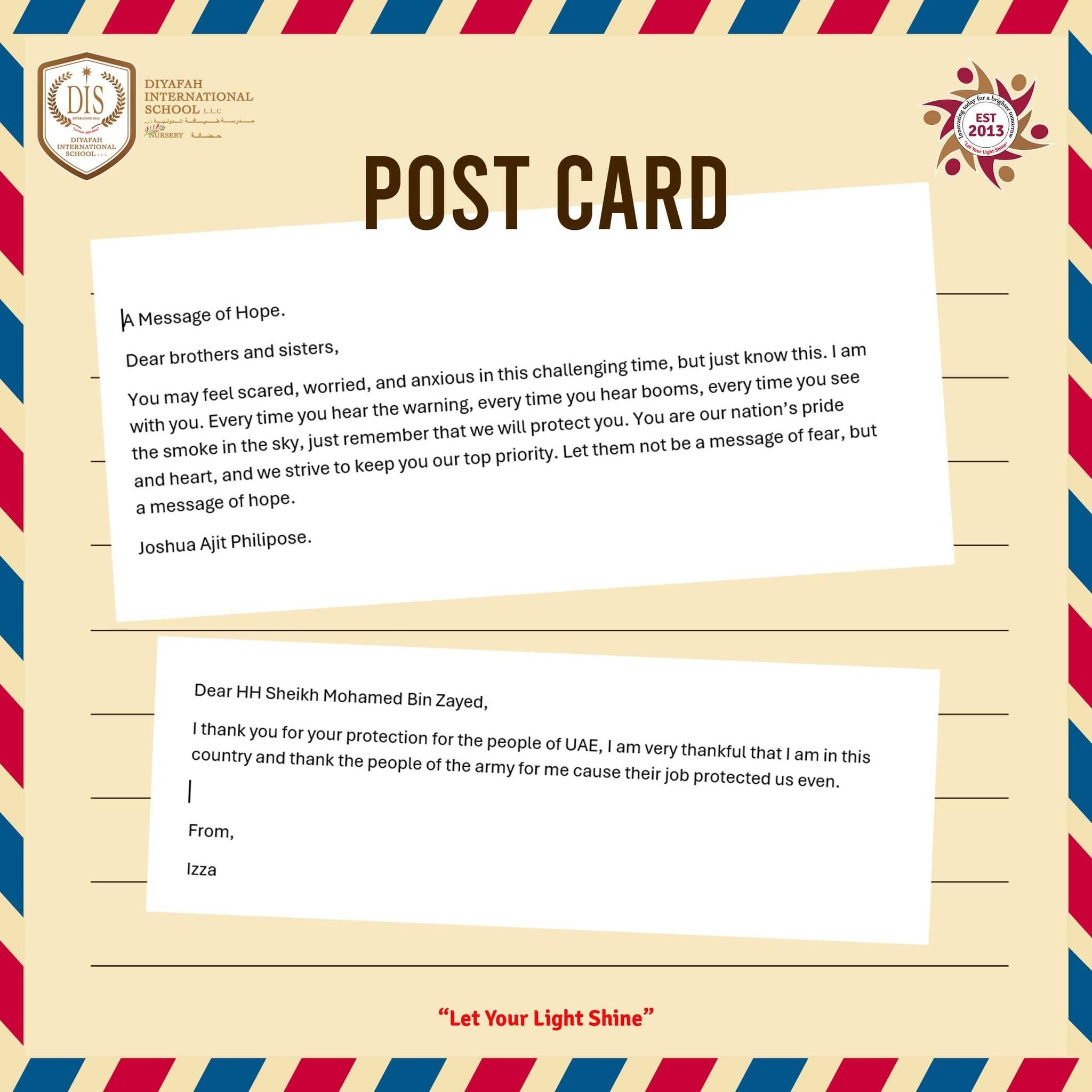 Post Card To His His Highness Sheikh Mohamed bin Zayed Al Nahyan - Primary Students