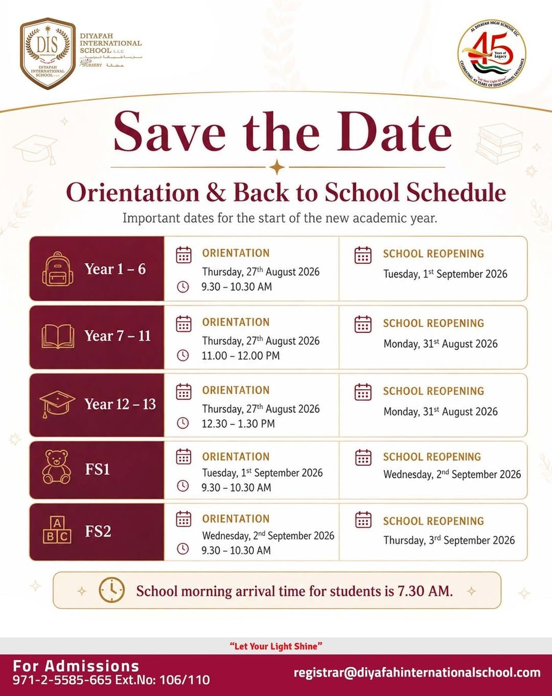 Orientation & Back to School Schedule